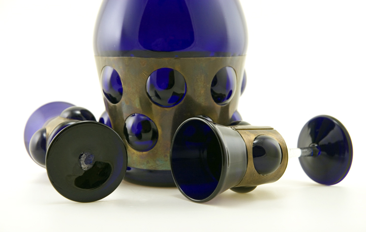 Huge Blown Caged Glass Decanter and Four Goblets - Image 2