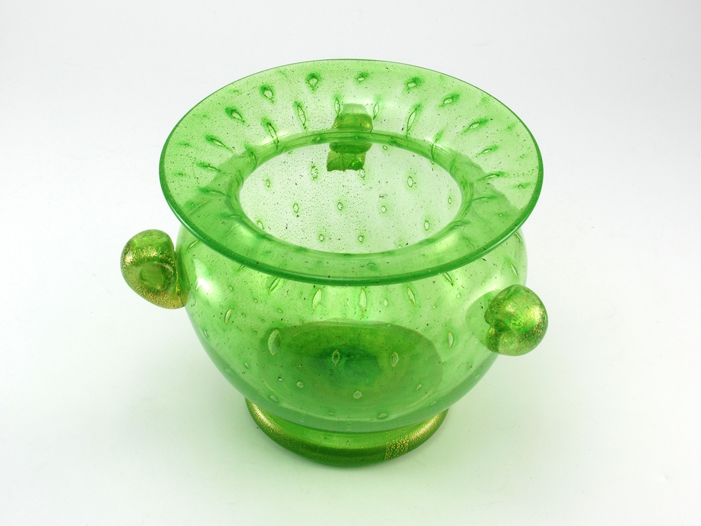 Signed Murano Glass Vase Lime with Bubbles and Gold Veils - Image 3