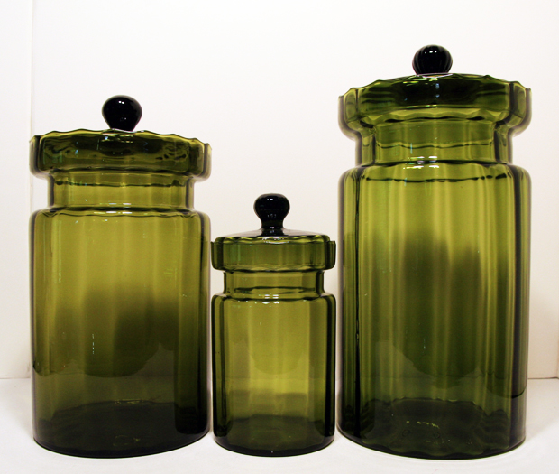 Italian Vintage Optic Glass Olive Green Hand Blown Canisters