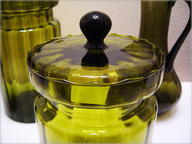 Italian Vintage Optic Glass Olive Green Hand Blown Canisters - Image 3
