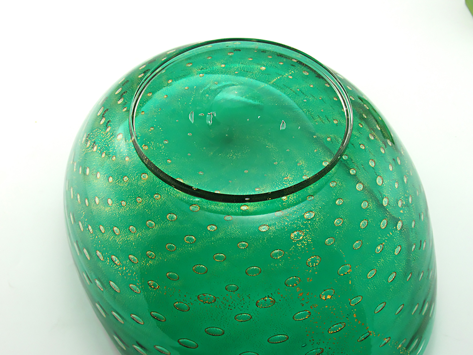 Large Seguso Art Glass Emerald & Gold Centerpiece Bowl Italy - Image 4