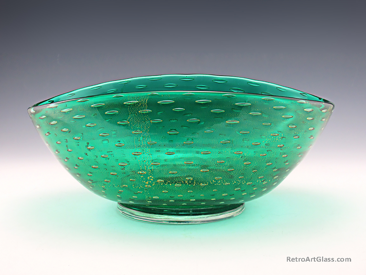 Large Seguso Art Glass Emerald & Gold Centerpiece Bowl Italy