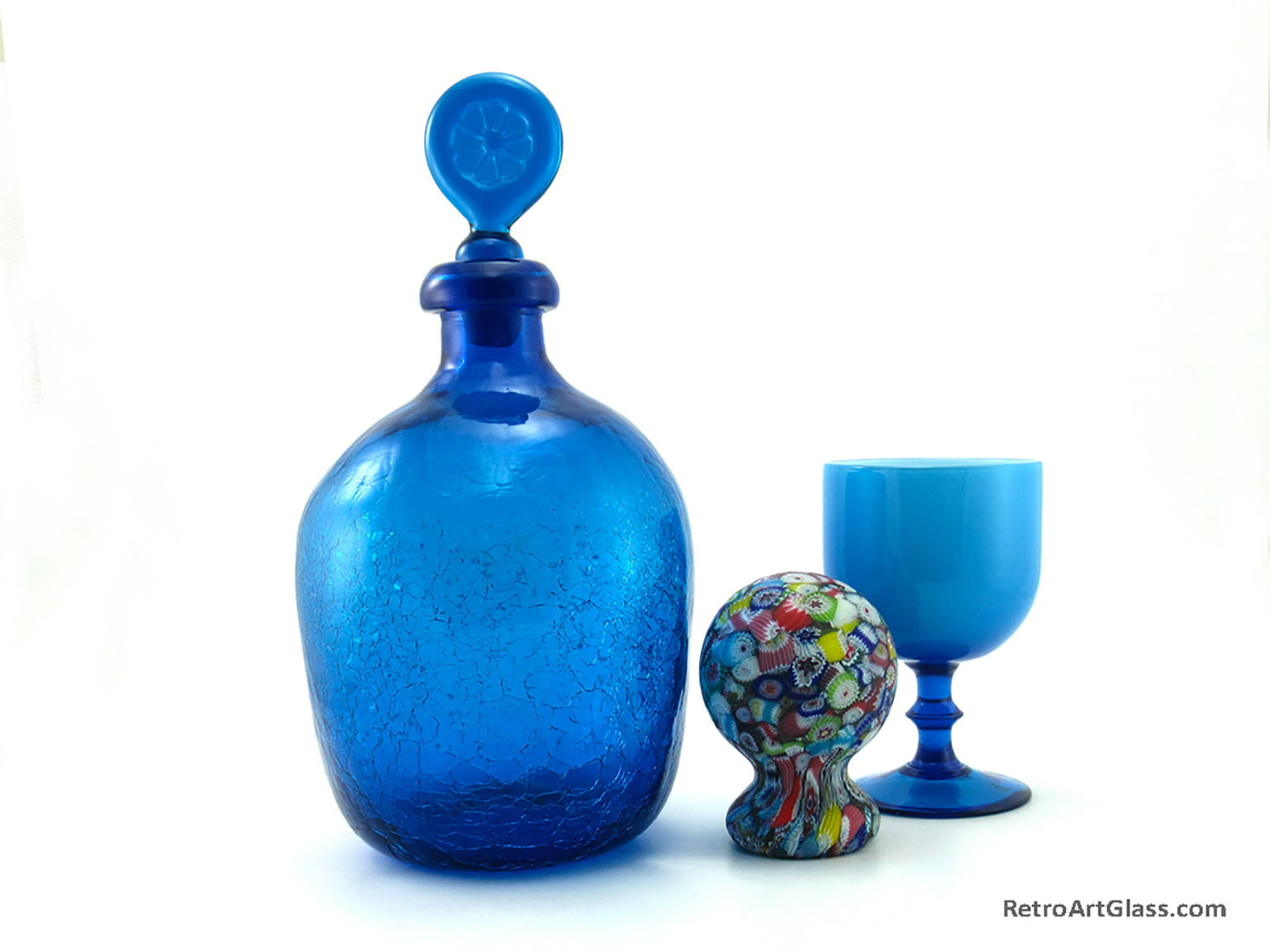 Mid-Century Modern Art Glass Decanter with Stopper in Blue Crackle - Image 2