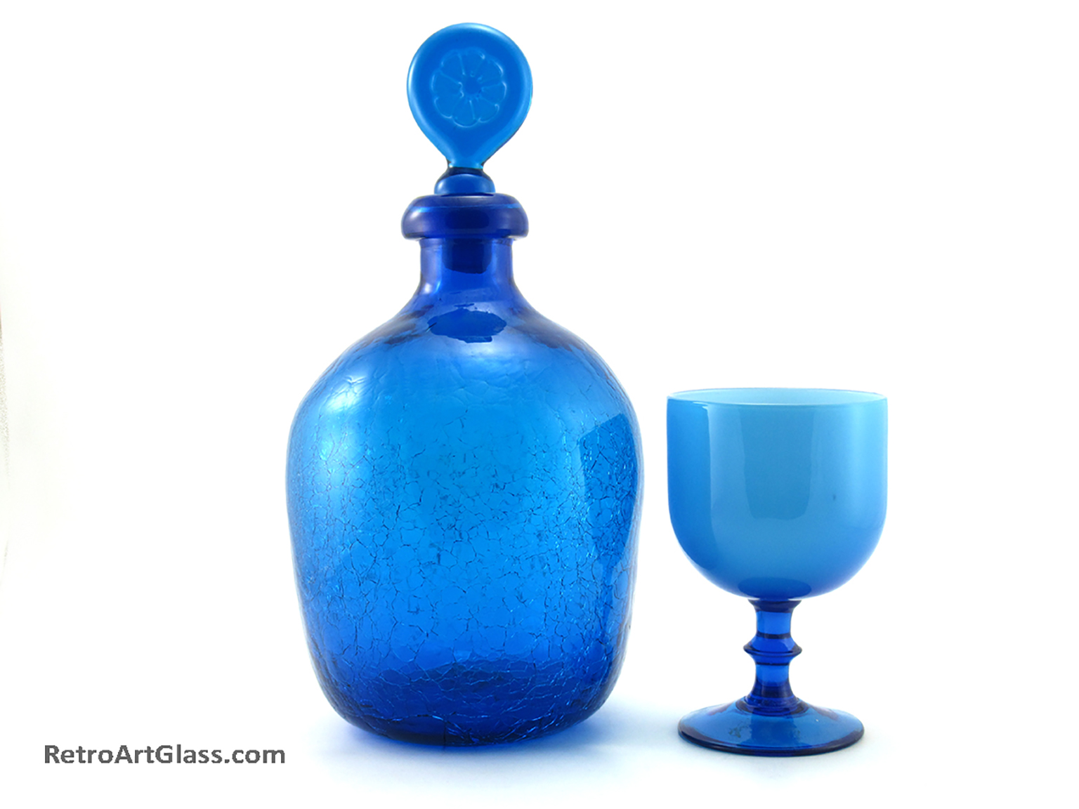 Mid-Century Modern Art Glass Decanter with Stopper in Blue Crackle