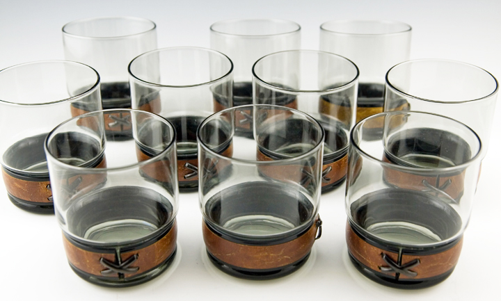 Mid-Century Modern Leather Trimmed Bar Tumbler Set of 10