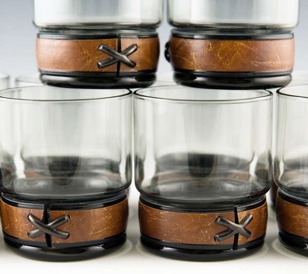 Mid-Century Modern Leather Trimmed Bar Tumbler Set of 10 - Image 3