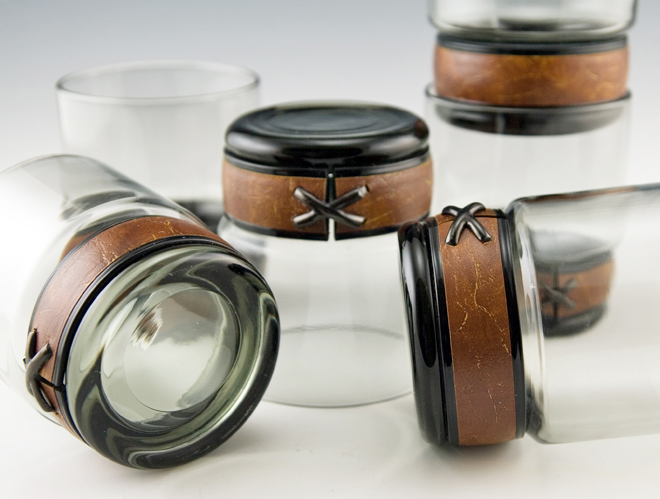 Mid-Century Modern Leather Trimmed Bar Tumbler Set of 10 - Image 2