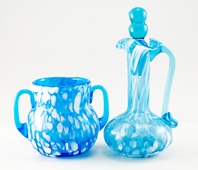 Vintage Rainbow Art Glass Hand Blown Muranese Jug and Bowl