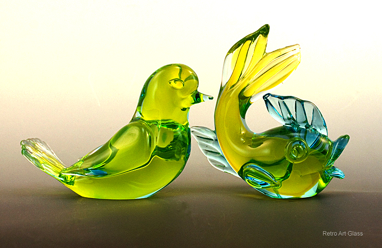 Murano Glass Figurines Gold Fish and Bird