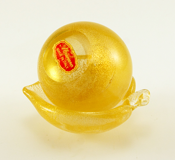 Gold Dust Paperweight and Leaf Bowl with Sticker Murano Glass - Image 2