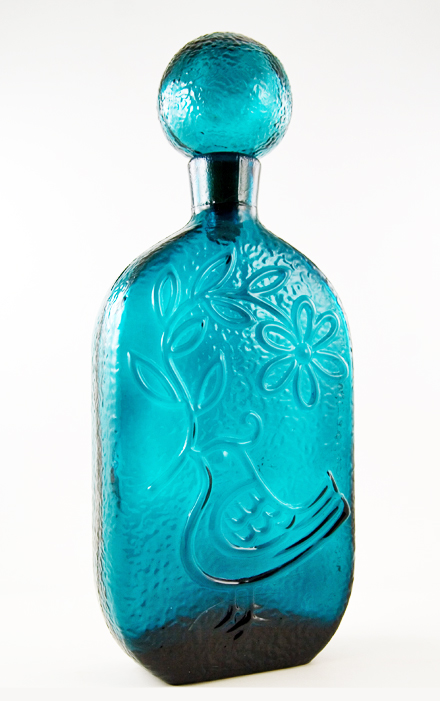 Peace Dove Pillow Molded Glass Decanter in Peacock Blue