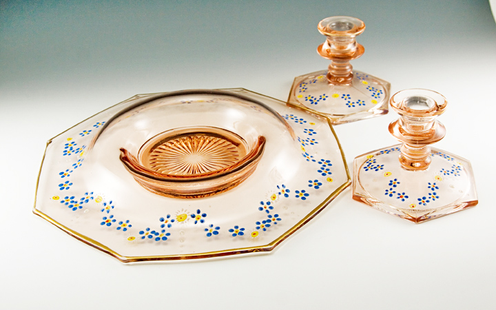 Pink Depression Glass Console Bowl and Candle Holders - Image 3