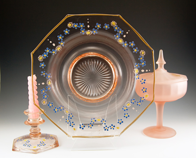 Pink Depression Glass Console Bowl and Candle Holders