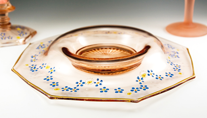 Pink Depression Glass Console Bowl and Candle Holders - Image 2