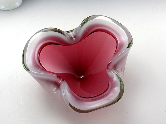 Vintage Pink Opaline Seguso Art Glass Bowl with Label Remnant