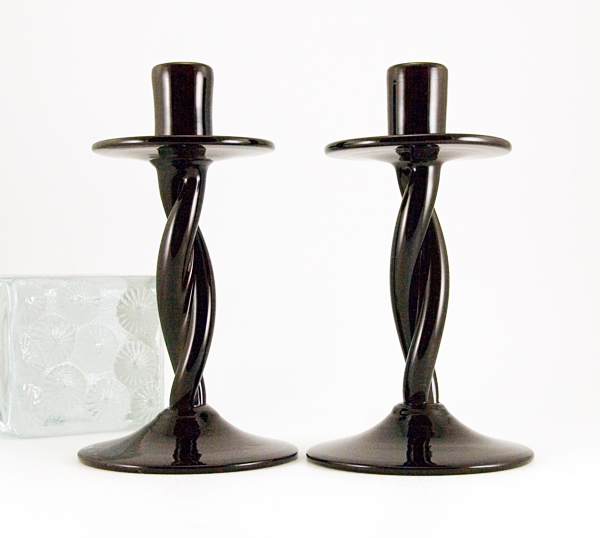 Pre Designer Blenko Black Amethyst Twist Candlestick Holder Set