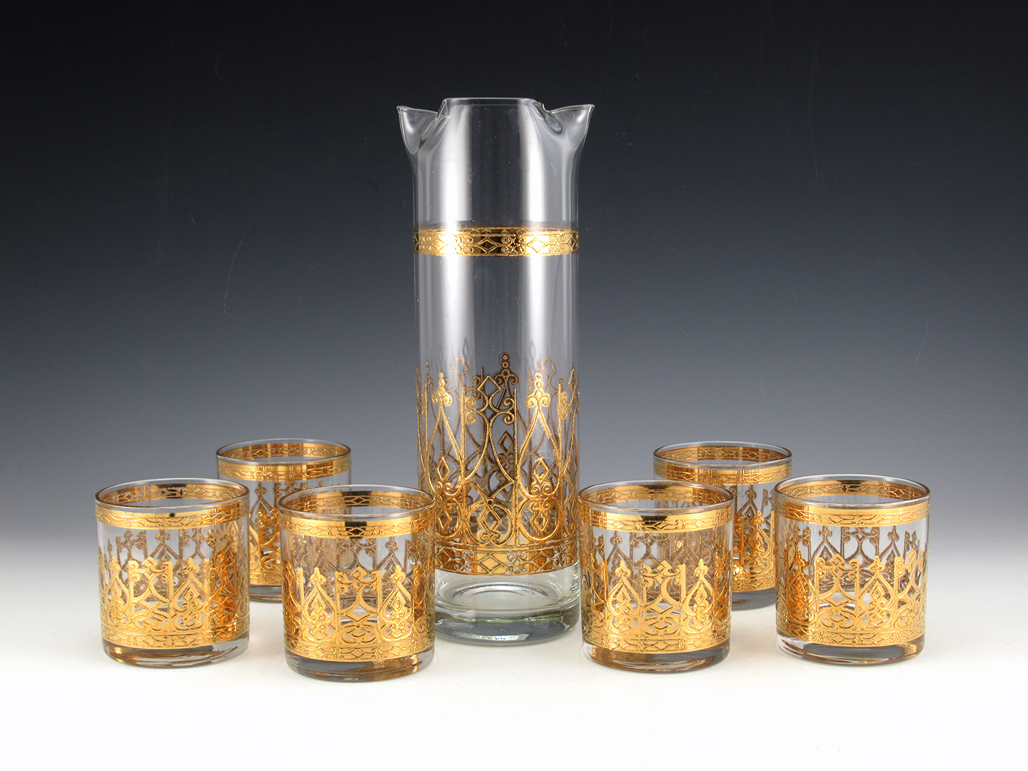 Culver Glass Cocktail Set Espana Pattern 22-K Gold