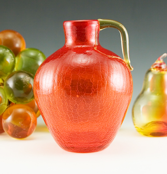 Large Retro Modern Jug Vase in Persimmon Crackle Glass