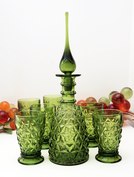 Retro Rainbow Art Glass Decanter and Six Tumblers