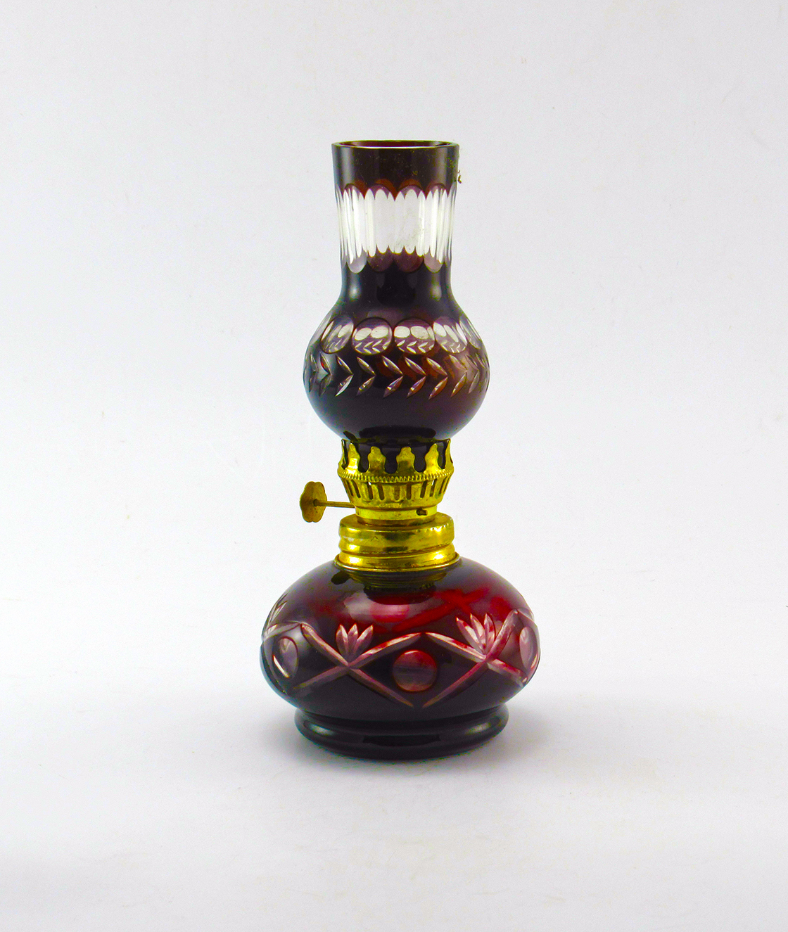 Bohemian Glass Oil Lamp Ruby Cut to Clear
