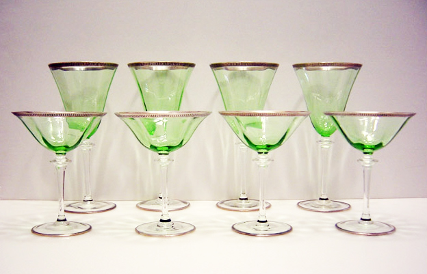 Set of 8 Fine Antique Green Crystal & Platinum Wine Stems