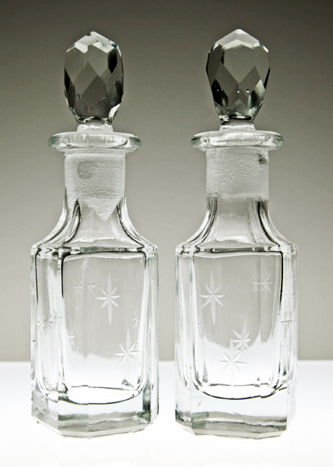 Set of Antique Etched Glass Barber or Condiment Bottles
