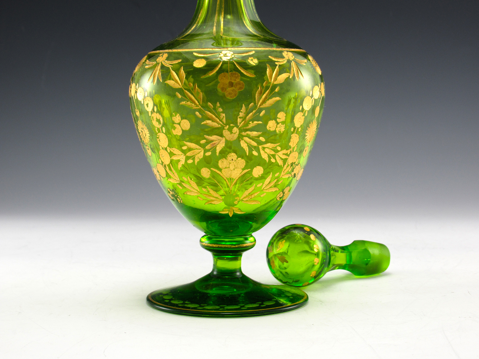 Antique Emerald Decanter and Goblets Engraved Gold Filled - Image 11