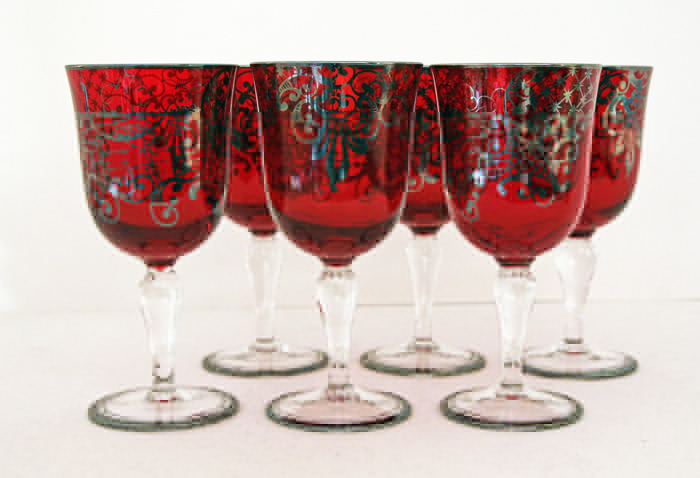 Silver Overlay Cenedese Murano Ruby Red Wine Glass Set 6