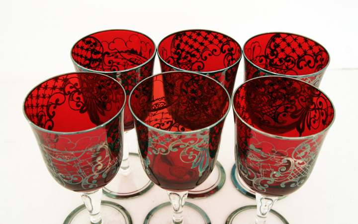 Silver Overlay Cenedese Murano Ruby Red Wine Glass Set 6 - Image 3