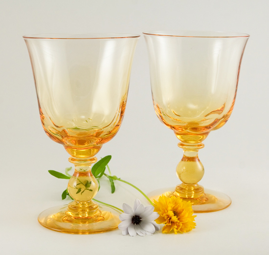 Two Tiffin Glass Golden Banana Wine Goblets