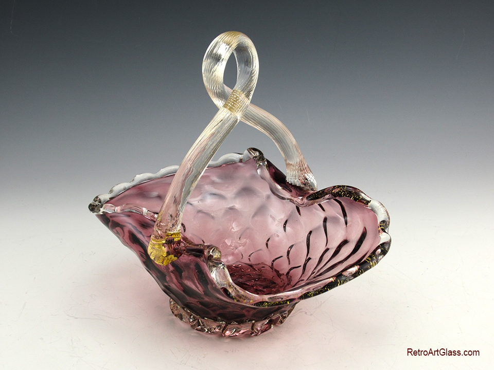 Vintage Venetian Glass Basket Amethyst and Gold - Image 2