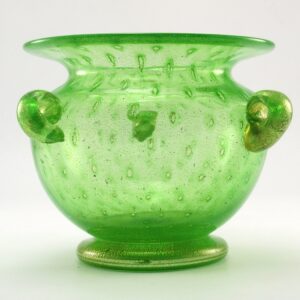Signed Murano Glass Vase Lime with Bubbles and Gold Veils