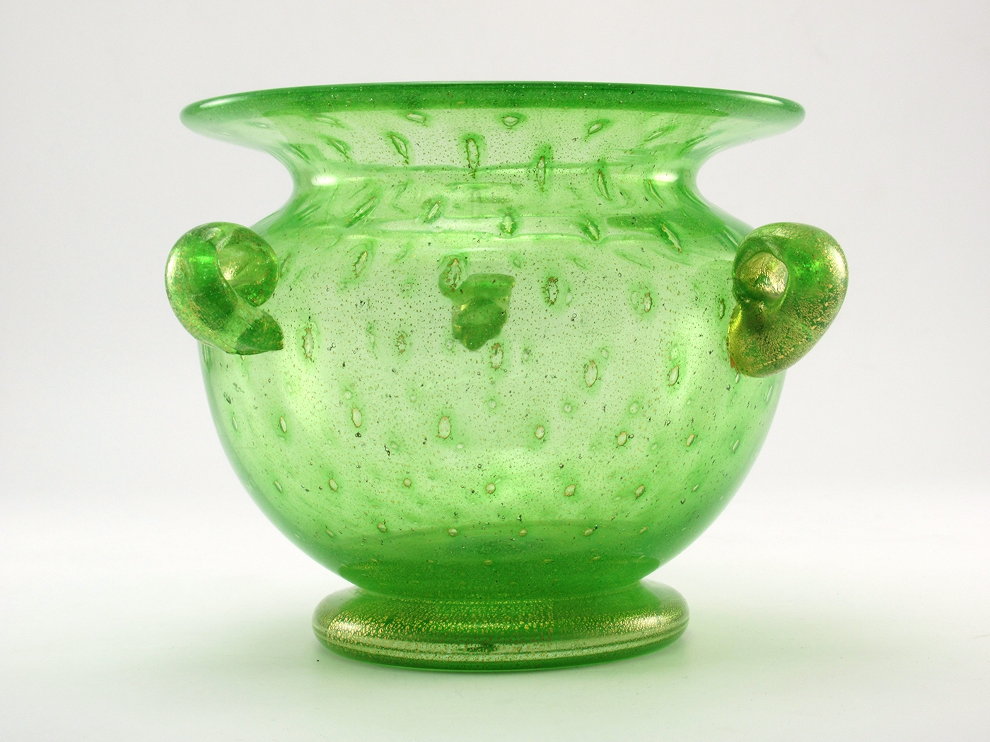 Signed Murano Glass Vase Lime with Bubbles and Gold Veils
