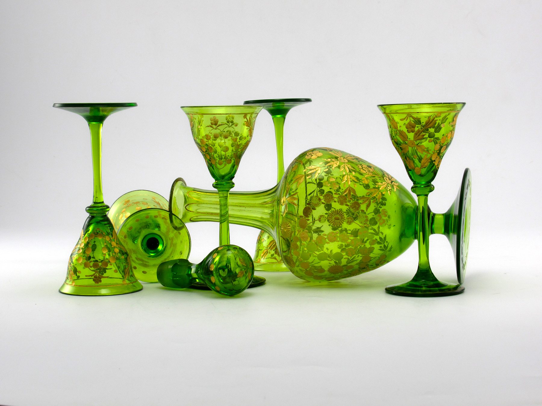 Antique Emerald Decanter and Goblets Engraved Gold Filled - Image 3