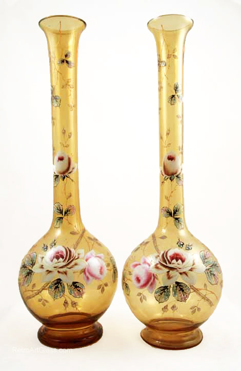 Victorian Blown Glass Extra Tall Enameled Vase Set - Image 4