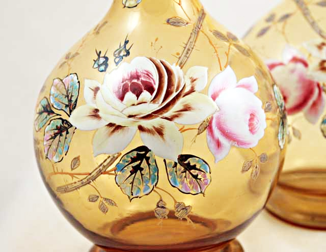Victorian Blown Glass Extra Tall Enameled Vase Set - Image 3