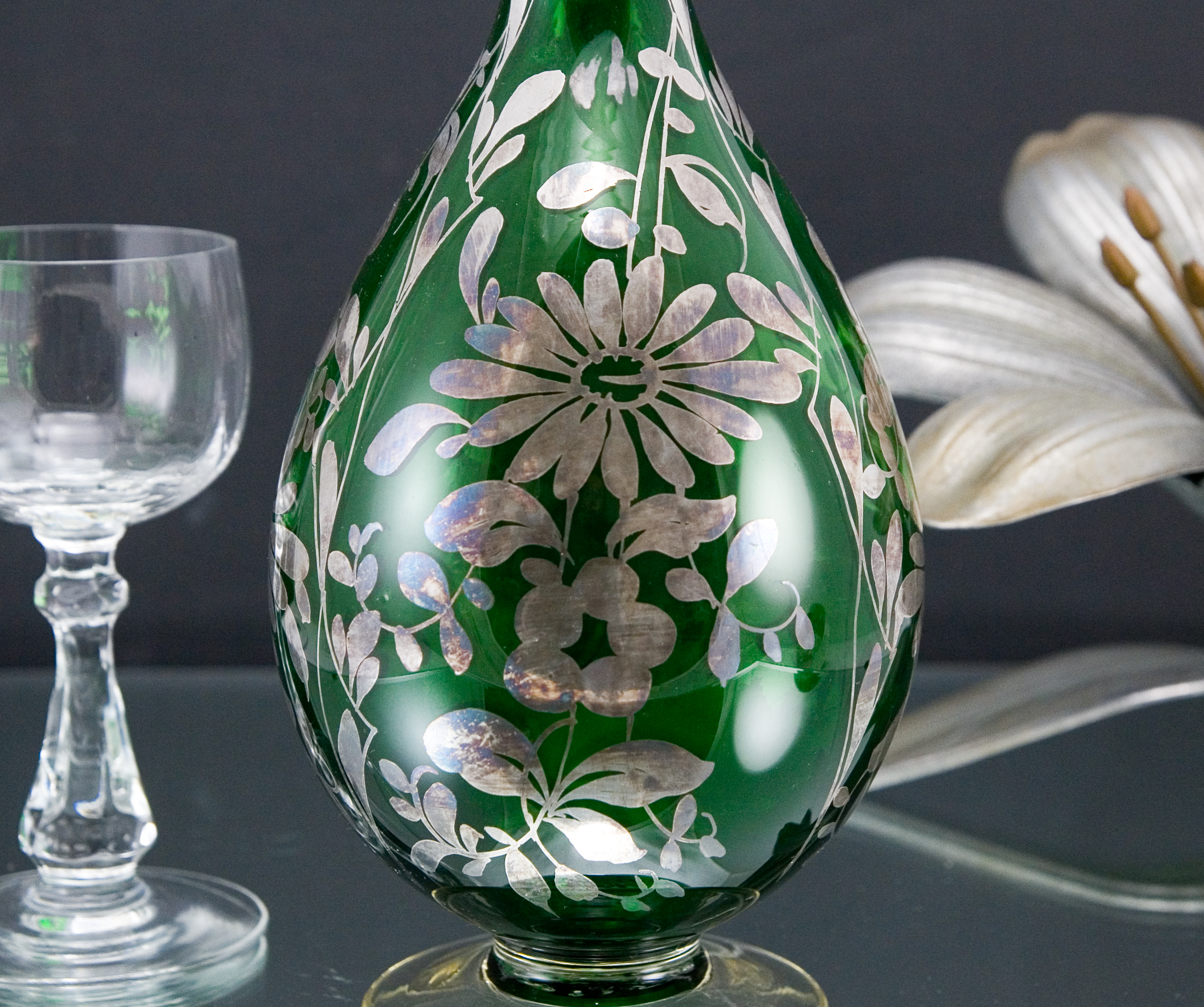 Victorian Art Nouveau Silver Overlay Glass Decanter - Image 6