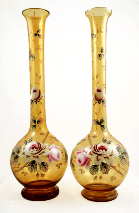 Victorian Blown Glass Extra Tall Enameled Vase Set