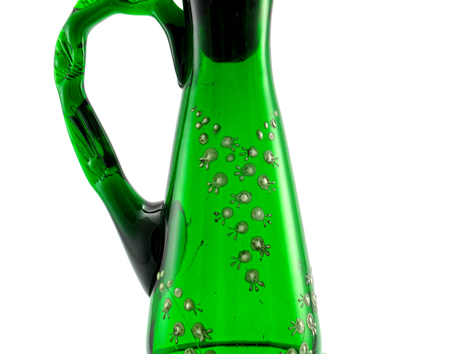 Victorian Glass Decanter Large with Handle, Stopper, Enamel Decor, Signed L. - Image 7