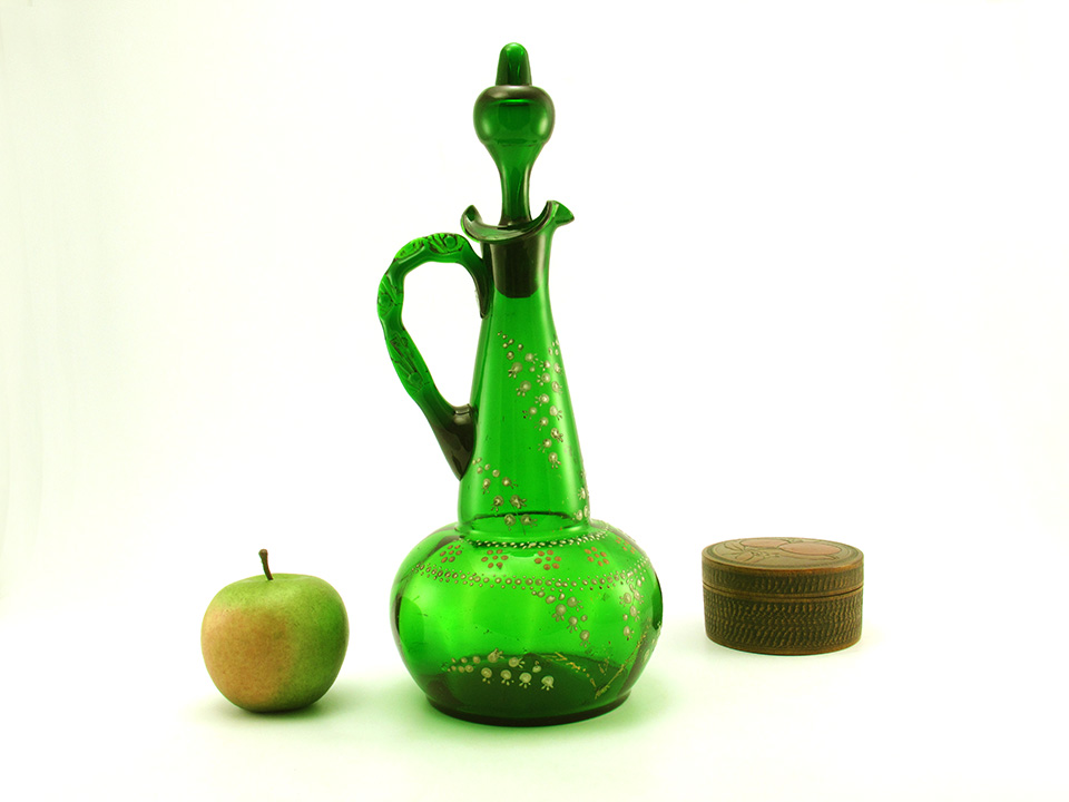 Victorian Glass Decanter Large with Handle, Stopper, Enamel Decor, Signed L.