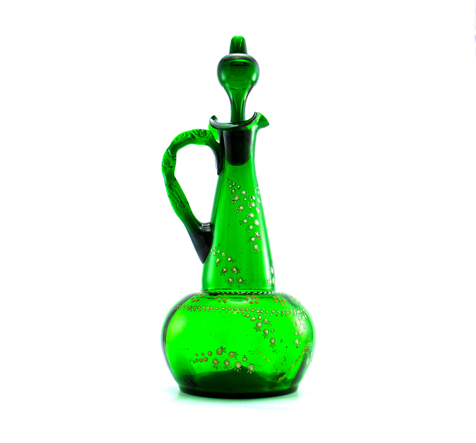 Victorian Glass Decanter Large with Handle, Stopper, Enamel Decor, Signed L. - Image 3