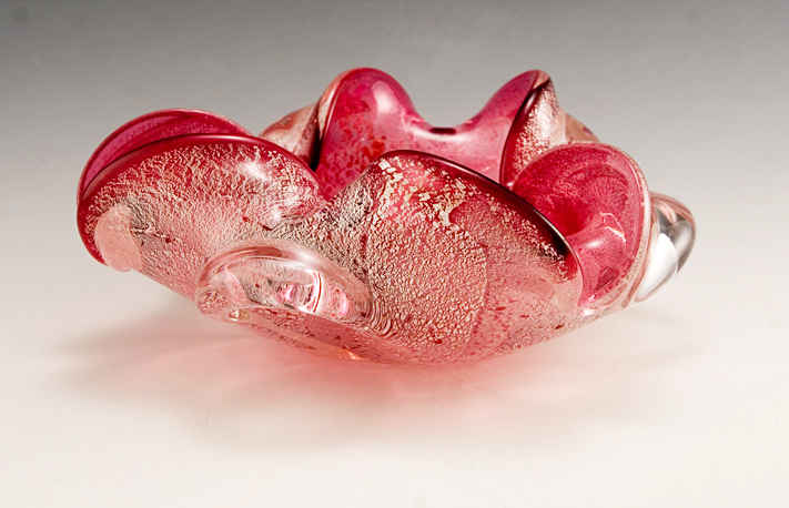 Vintage Cigar Bowl in Cranberry and Silver by Murano Art Glass
