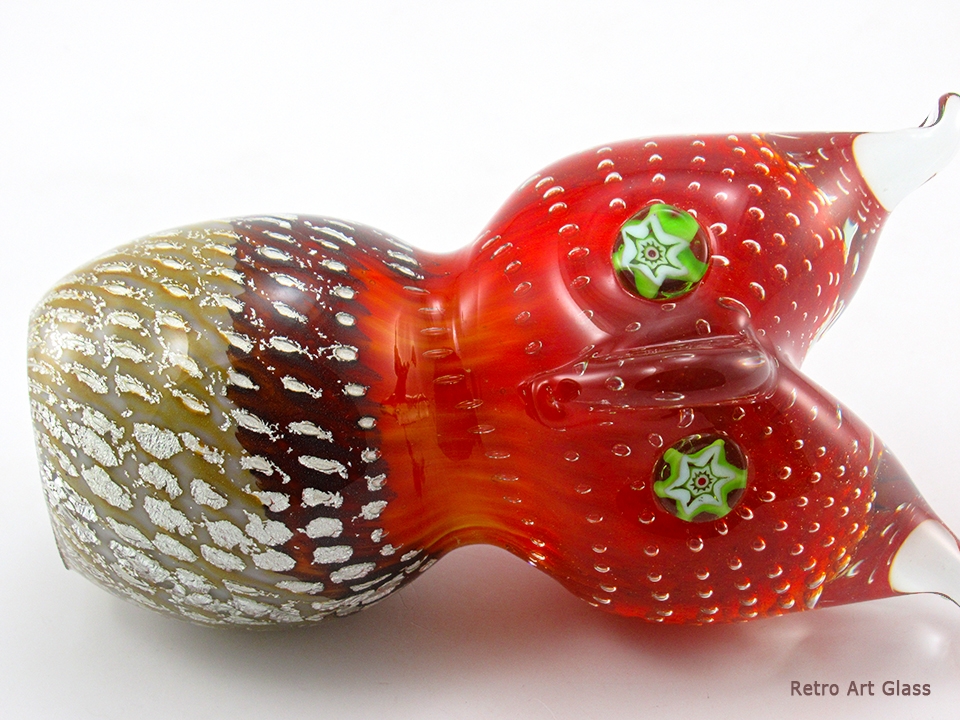 Murano Art Glass Owl with Millefiori Eyes, Silver Leaf and Trapped Bubbles