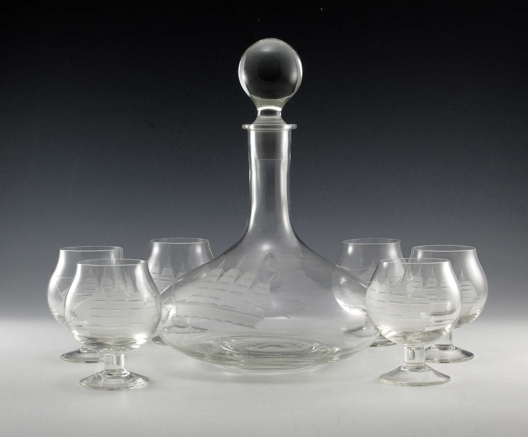 Bohemian Ship Decanter and Goblet Set Romania Label