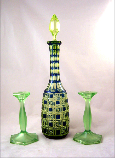 Cut Crystal Vaseline & Cobalt Bohemian Decanter - Image 2