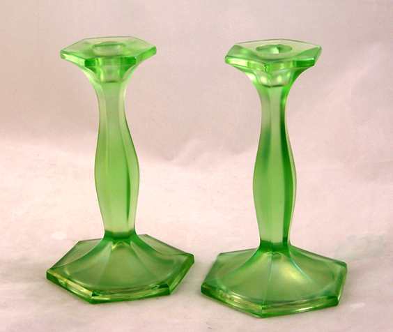 Early Fenton Vaseline Art Glass Candlesticks