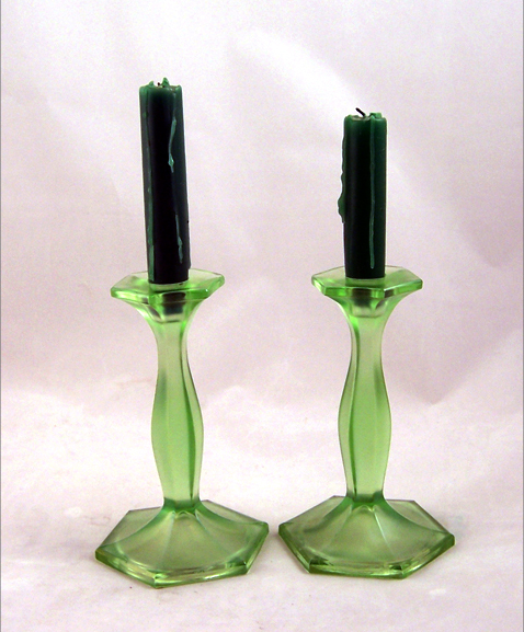Early Fenton Vaseline Art Glass Candlesticks - Image 2