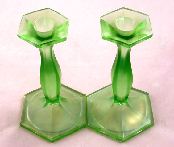 Early Fenton Vaseline Art Glass Candlesticks - Image 3