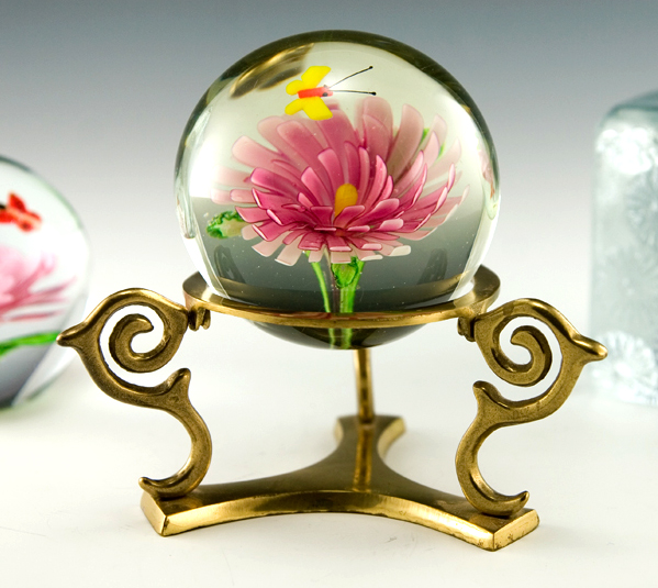 Butterfly And Flower Art Glass Paperweight With Brass Stand
