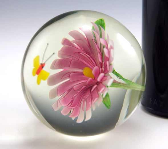 Butterfly And Flower Art Glass Paperweight With Brass Stand - Image 2